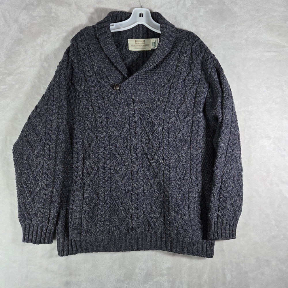 Aran Sweater Market Cable Knit 100% Merino Wool Mens Size Large L Blue Fisherman